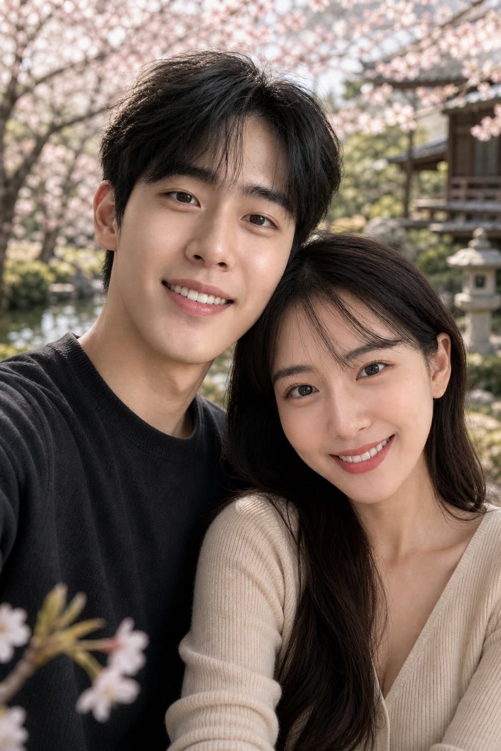 AI couple portrait japanese sakura garden